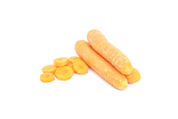 Closeup group of fresh carrot and pile of cut carrot isolated on white background with clipping path without shadow