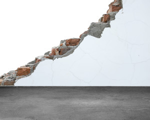 Crack bricks wall with white painting and concrete floor