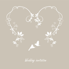 floral leaf heart silhuette with couple flying birds. Design element for wedding, romantic anniversery invitation cover