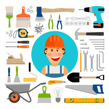 Male worker with safety equipment, working and construction tools comic icons. Vector illustration