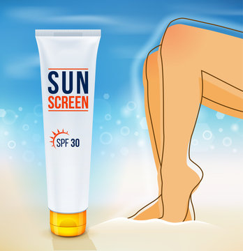 Sunscreen cream. Sun Protection. Cosmetic container. sunblock product. Close-up of, Sunbathing at beach, summer vacation. Vector illustration.