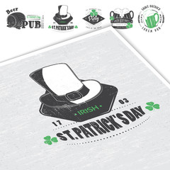 Saint Patricks Day. Luck of the Irish. Detailed elements. Old retro vintage grunge. Scratched, damaged, dirty effect. Typographic labels, stickers, logos and badges.