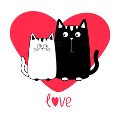 Cute cartoon black white cat boy and girl family. Big red heart. Kitty couple on date. Moustache whisker. Funny character set. Love greeting card. Flat design. Isolated.