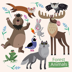 Vector set of cartoon forest animals on a white background. Childish illustration of bear, wolf, frog, elk, owl, quail, rabbit and marten.