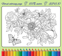 flowers and a butterfly. Coloring page