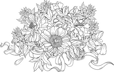 bunch of flowers with ribbons. Coloring page.