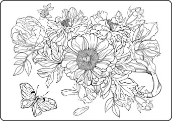 bunch of flowers and a butterfly. Coloring page