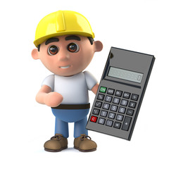 3d Construction worker uses a calculator
