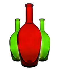 Color glass bottle, red and green on white