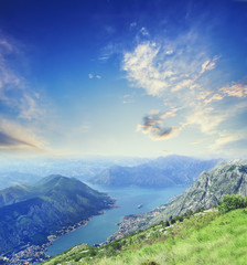 Aerial view of Kotor Bay in Montenegro at summer. Travel background