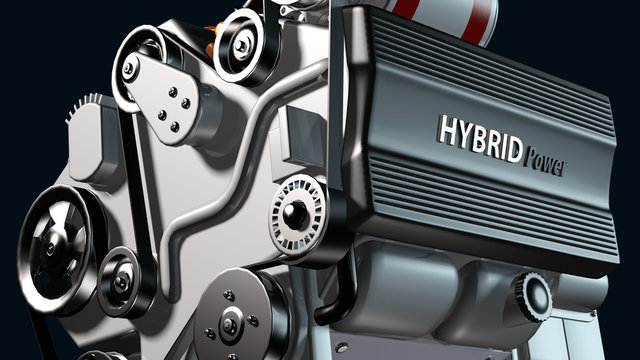 Nahansicht eines Hybridmotors zum PKW-Antrieb