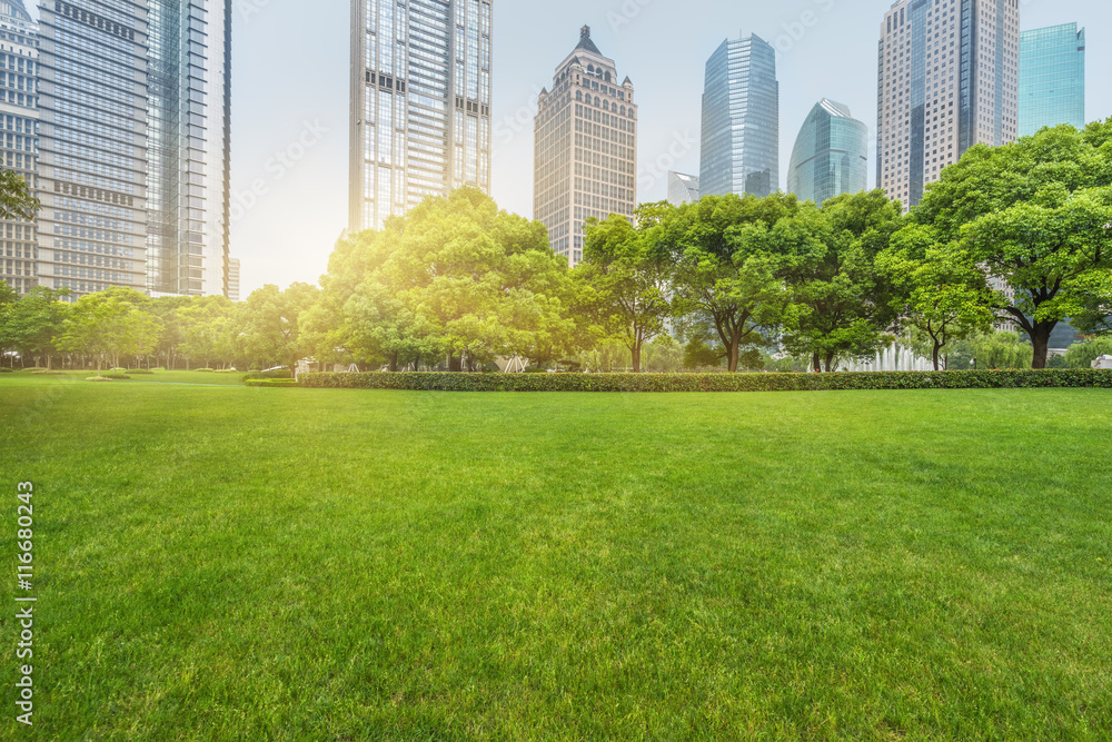 Poster green lawn with city skyline background,shanghai china.