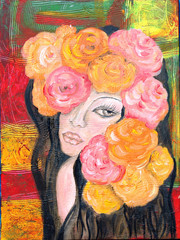 Plakaty  Dziewczyna z różami portret obraz olejny na abstrakcyjnym tle