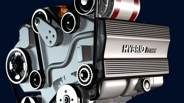 Nahansicht eines Hybridmotors zum PKW-Antrieb