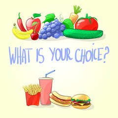 Fresh fruits and vegetables or fast food. Vector illustration
