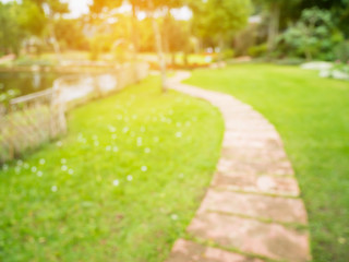 Walkway in the flowers garden blur background