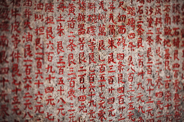 Hieroglyphs on the stone tablet in an old Buddhist temple