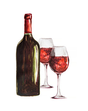 Watercolor red wine bottle with glasses. Isolated painted bottle of red wine. Restaurant menu and celebration drinking.