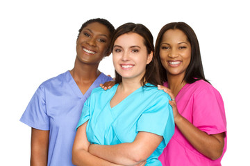 Diverse group of nurses isolated on white.