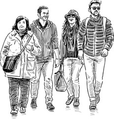 cheerful people on a walk