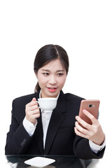 Young beautiful business woman isolated on white background.