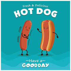 Vintage Hot dog poster design with vector hot dog character. 