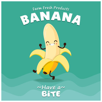 Vintage Banana poster design with vector banana character. 