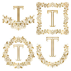 Golden T letter ornamental monograms set. Heraldic symbols in wreaths, square and round frames.