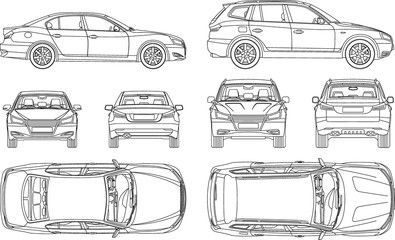 Car sedan and suv line draw four all view top side back insurance, rent damage, condition report form blueprint - obrazy, fototapety, plakaty