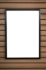 blank white picture frame on wood background