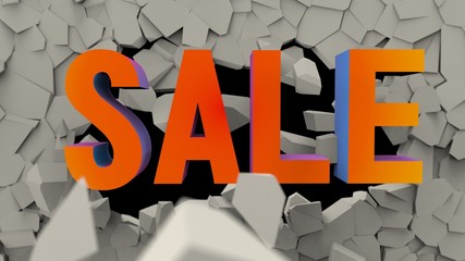 3D Illustration with multicolored word sale on brocking wall background.