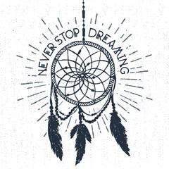 Hand drawn tribal label with textured dream catcher vector illustration and 