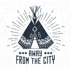 Hand drawn tribal label with textured teepee vector illustration and 
