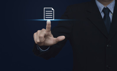 Businessman pressing document icon on blue background, Network i © grapestock