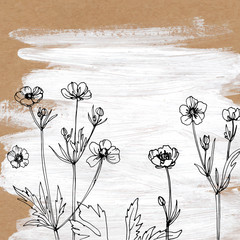 Naklejka premium Wildflowers. Buttercups. Flowers line drawn on watercolor background. Vector sketch. Set of floral elements. Wedding decorations.