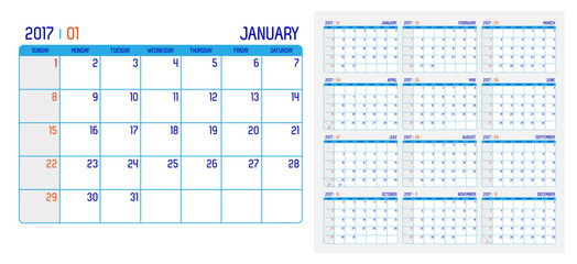 Vector of Calendar 2017 year ,12 month calendar with simple basi