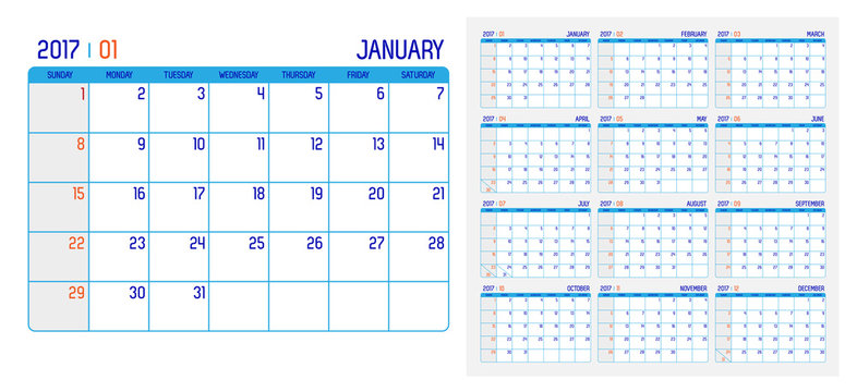 Vector of Calendar 2017 year ,12 month calendar with simple basi