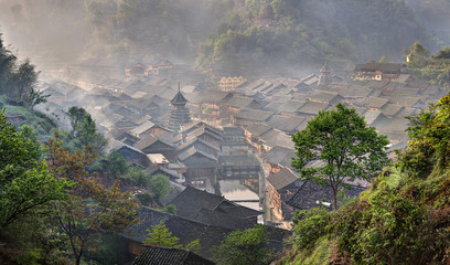 Wooden house dong ethnic minority village in  mountainous southw
