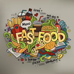 Fast food hand lettering and doodles elements background.