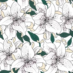 Tuinposter Seamless pattern with lily flowers.Vector floral print.Textile texture.Colorful background © julyjul