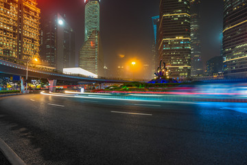 light trails at downtown district,shanghai china.