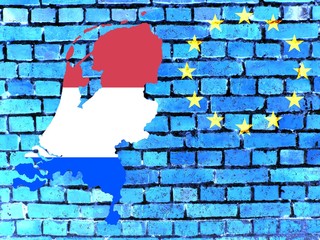 The Netherlands and the EU -
Left the map of the Netherlands in the national colors. Right: the European circle of stars. Background: a blue brick wall
