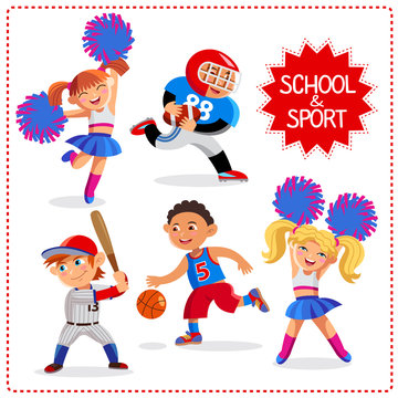 School Time. Happy Boys And Girls. Sport For Kids Including Basketball, Baseball, American Football And Cheerleaders. Vector Set Isolated On A White Background.