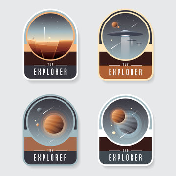 Four space badge emblems with planet mars, ufo crafts, unusual worlds and asteroids in retro vintage style