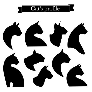 Set of cat head icons. Elements of logo for pet shop, styling and grooming salon, cat products or services. Vector Illustration