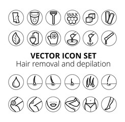 Thin lines web icon set - Depilation and epilation. Sugaring, waxing, photoepilation, hair removing. Allergy, skin irritation, pain icons.
