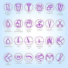 Thin lines web icon set - Depilation and epilation. Sugaring, waxing, hair removing. Allergy, skin irritation, pain icons.