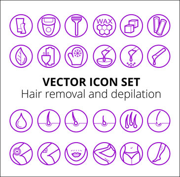 Thin lines web icon set - Depilation and epilation. Sugaring, waxing, hair removing. Allergy, skin irritation, pain icons.