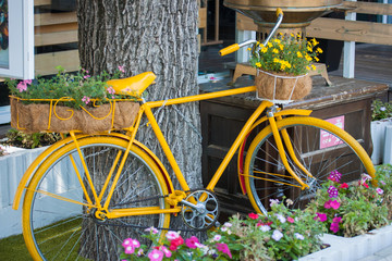 Fototapeta na wymiar yellow bike with baskets of flowers