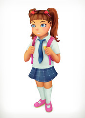 Schoolgirl. Little girl cartoon character. Vector icon